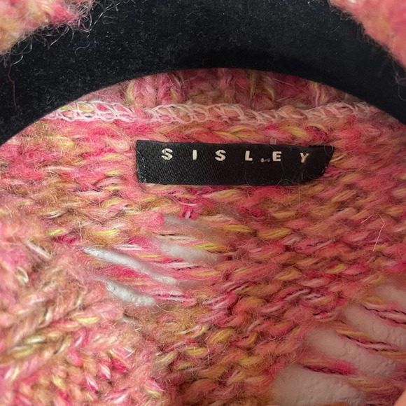 VINTAGE Sisley Open Knit Mock Neck Sweater Poncho in Pink Multi OS - Picture 5 of 7
